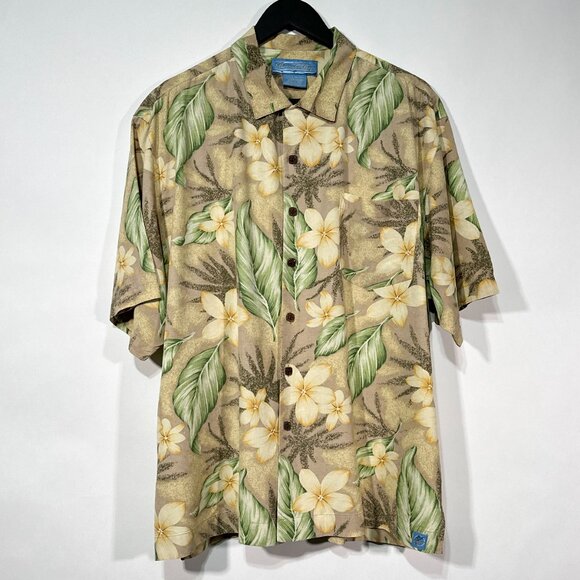 Bermuda Bay 100% Silk Tropical Flowers Leaves Button Down‎ Shirt Size L - Picture 1 of 14